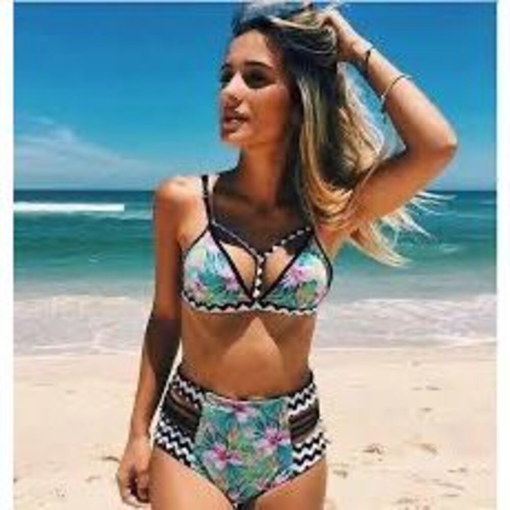TINPIA Women’s Green Tropical Print Push-Up Bikini Top Size Large